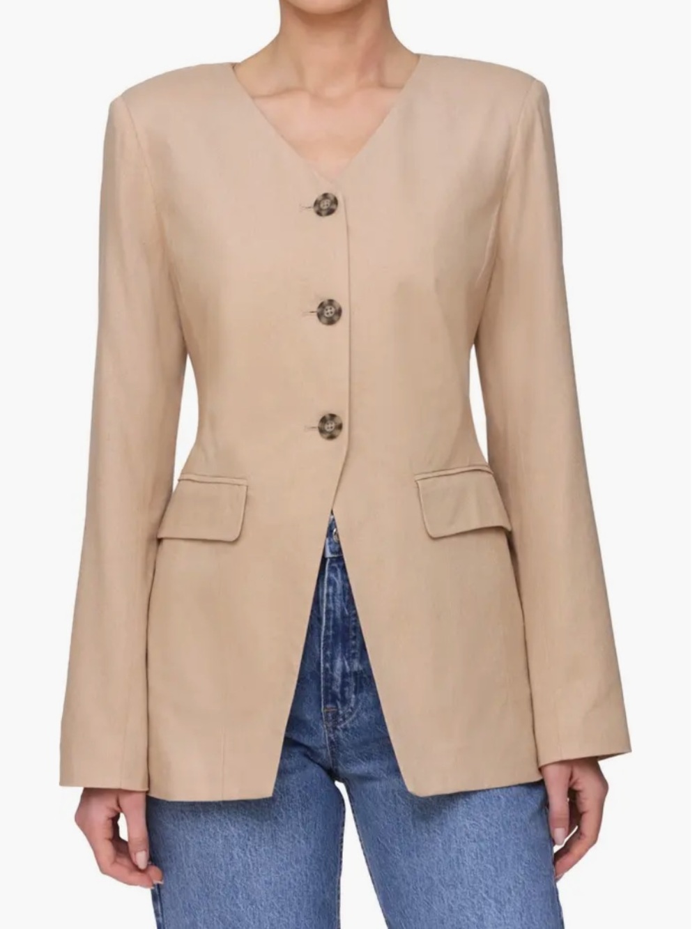 Beige V-Neck Tailored Blazer
